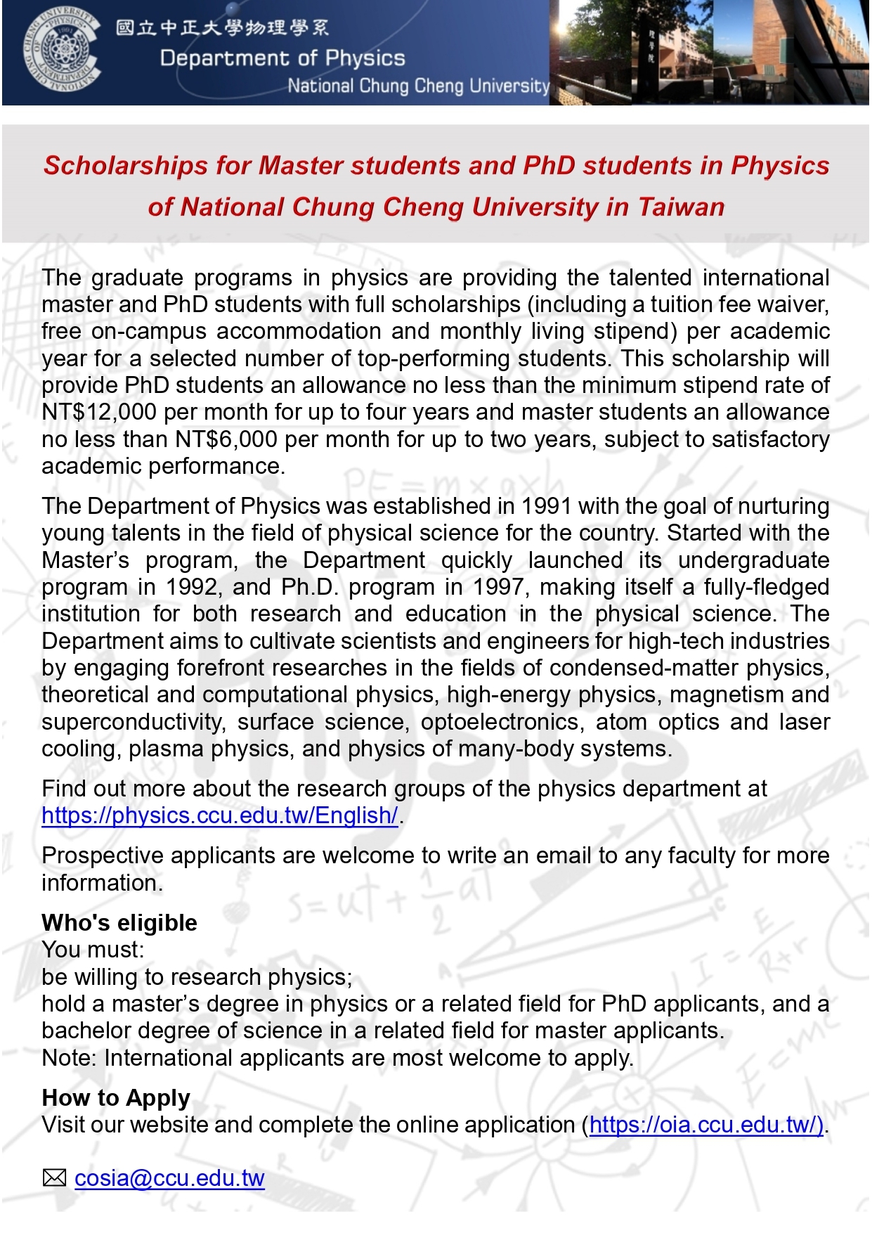 College of Science graduate programs admission information overview